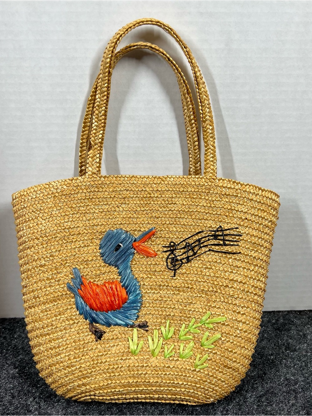 Vintage Woven Straw Tote Bag Embroidered Bird Music Notes Beach Market Purse